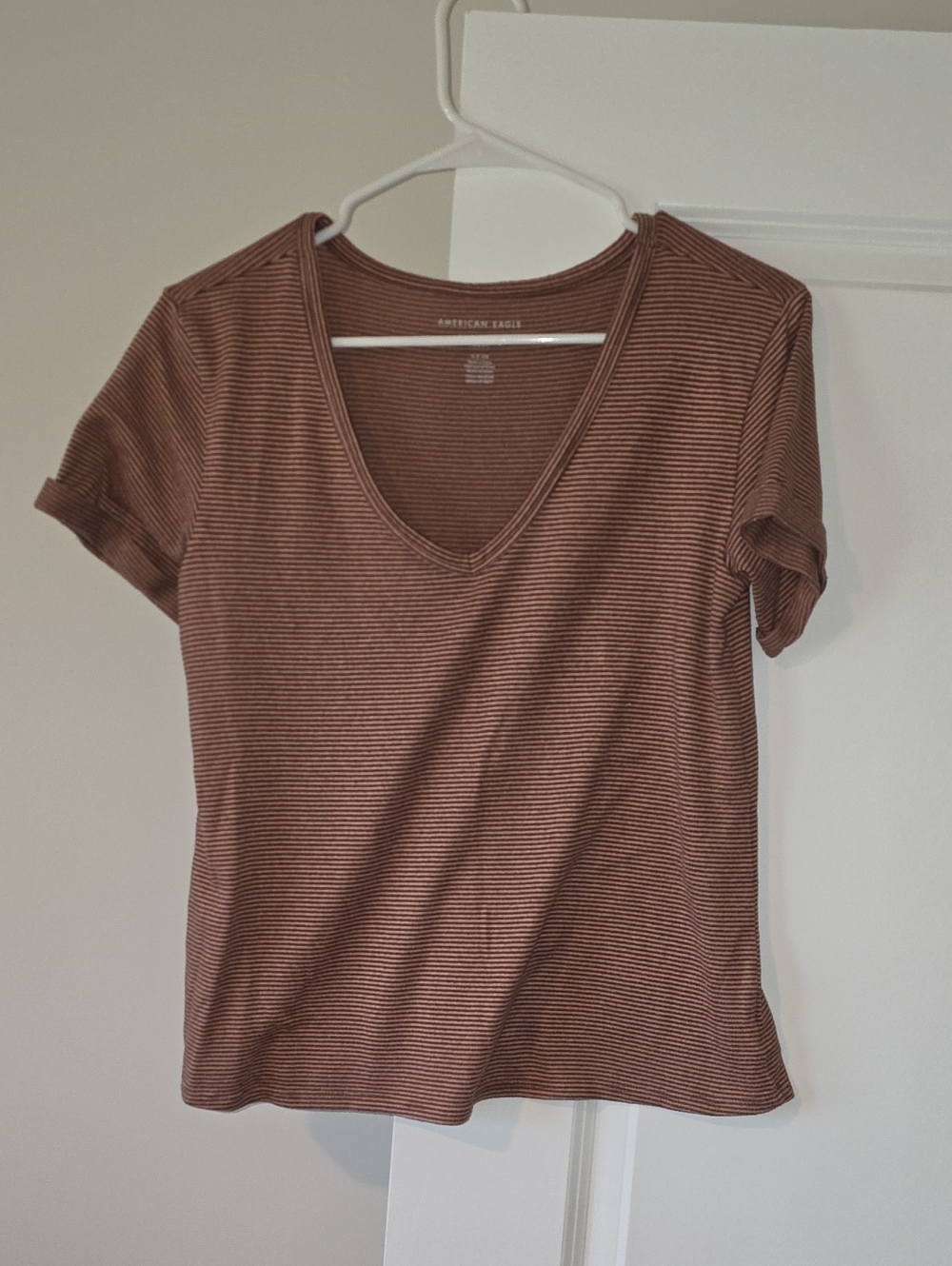 American Eagle Outfitters Brown Microstripe V-Neck Tee